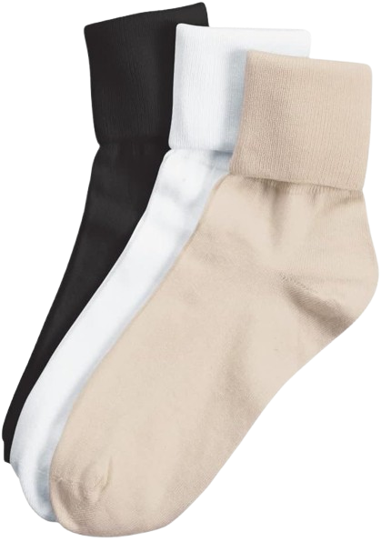 Three Pairs of Fold-Over Cotton Ankle Socks in Black, White, and Tan